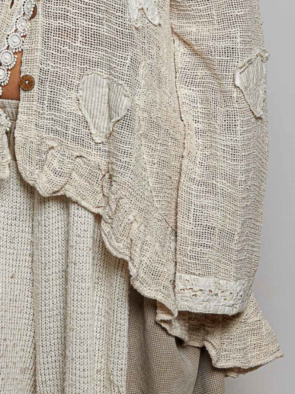 #1012 POL Textured Floral Appliqué Cardigan in Wheat - Picture 6 of 6